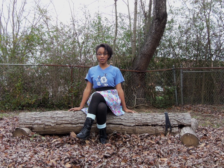 T-Shirt: Mickey & Co. (Goodwill); Skirt: CATO; Boots: White Mountain (TJ Maxx); Tights: GEORGE (Walmart); Socks: Forever 21